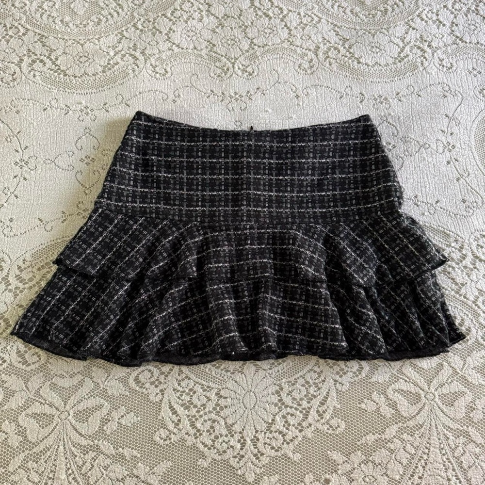 y2k preppy girly grunge black, gray and pink plaid ruffle mini skirt - Picture 2 of 4